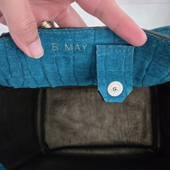 B.May Medium Pocket Tote Embossed Gator Suede Leather Teal Blue Shoulder Bag - Picture 6 of 9